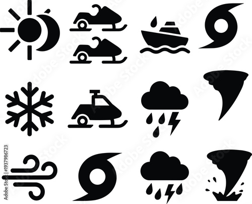 Black vector icon set featuring extreme weather symbols like hurricanes tornadoes and lightning alongside recreational vehicles like jet skis and boats on white background.