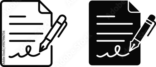 Two Icons of Signing a Document with a Pen on White Background paper writing