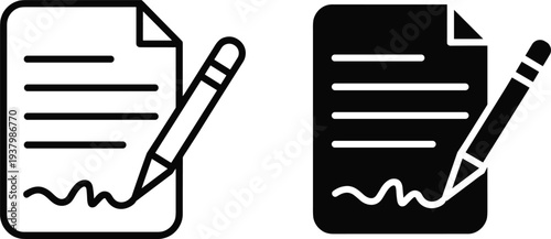 Two Icons of a Document with a Pen One Outline and One Solid Black illustration