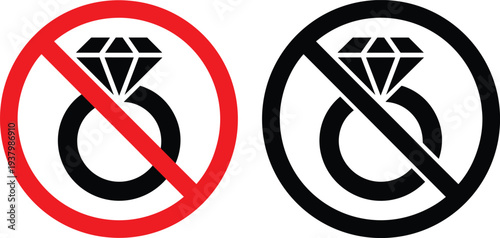 Two No Engagement Ring Icons One Red One Black On White Background no wedding ring forbidden