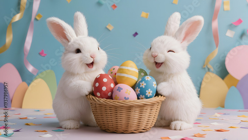 Two adorable white rabbits celebrating Easter with colorful eggs