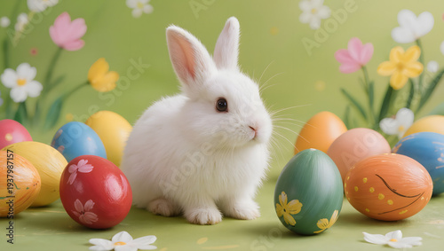 Adorable white rabbit surrounded by colorful Easter eggs and flowers