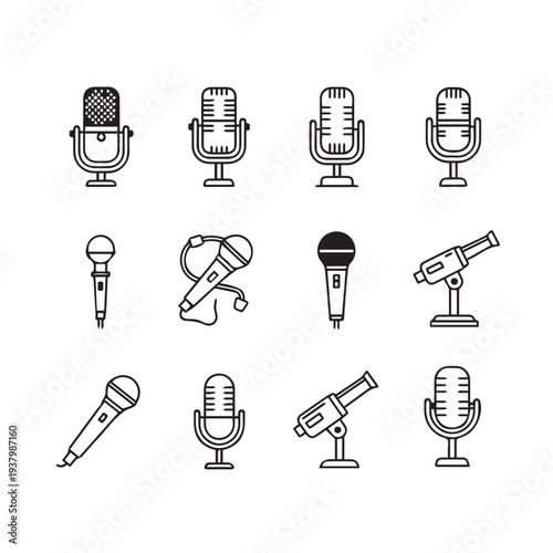 Collection of Microphone Icons Various Styles and Types for Audio Recording and Broadcasting