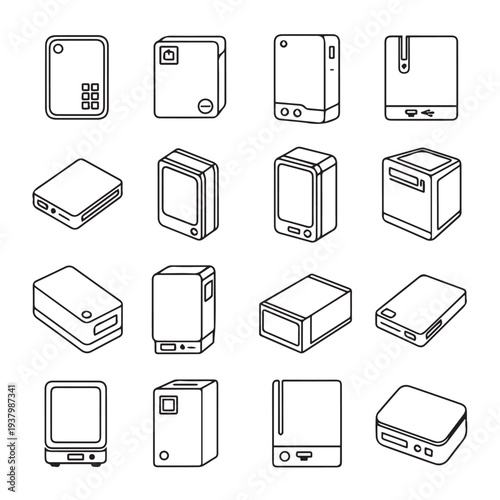 Collection of Portable Power Bank Icons in Isometric View Line Art Style