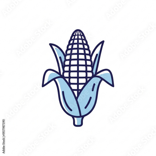 single corn agriculture icon, flat line vector style, thin navy blue outline with soft light blue fill accents, minimal farming symbol, clean modern stroke design