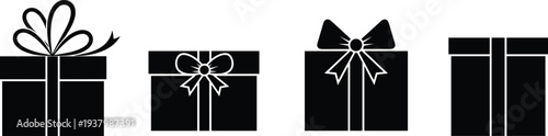 Set of gift box icons with ribbon and bow in black silhouette style isolated on white background for holiday design