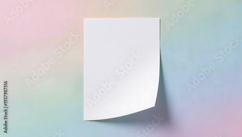 Blank white paper sheet with curled corner on colorful background