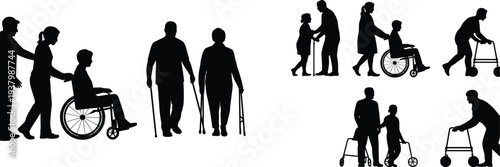 Mobility aid silhouettes with wheelchair, crutches, walker, caregiver assistance, disabled people support, accessibility illustration, healthcare vector, inclusive design artwork