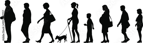 Human life stages silhouettes, childhood to old age, diverse people illustration, generational progression, family concept, aging process, vector artwork design
