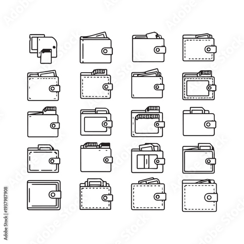 Collection of Wallets Icons Various Styles Line Art Isolated on White Background