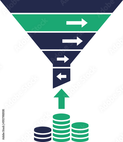 Sales funnel infographic with coin stacks for revenue optimization