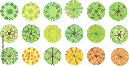Collection of top view tree symbols for landscape architecture plan and garden design featuring various green plants and vegetation icons isolated on white background.