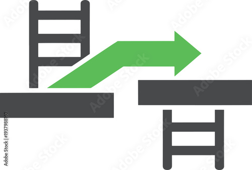 Green arrow jumping over gap between grey platforms and steel bars
