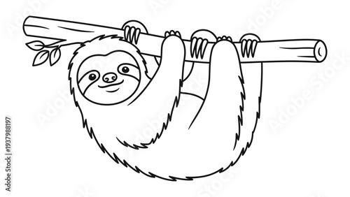 Lazy Sloth Cartoon: A cute sloth hangs upside down from a branch, depicting the serene and slow-paced life in its jungle habitat.
