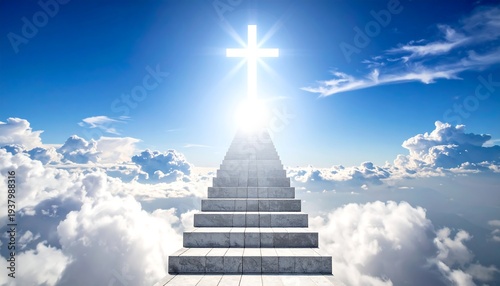 Stone steps lead upwards through fluffy clouds to a bright, glowing cross in a sunny sky