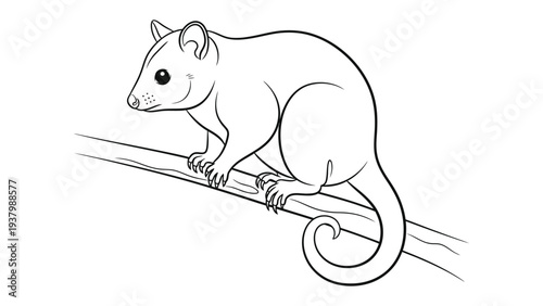 Cute Opossum Perched on a Branch: A charming illustration shows a playful opossum, perched gracefully on a tree branch, observing its surroundings with curiosity and charm.