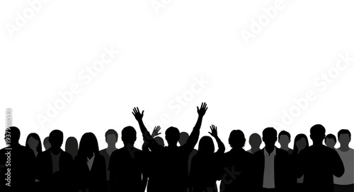 Group of People Silhouette with Raised Hands.