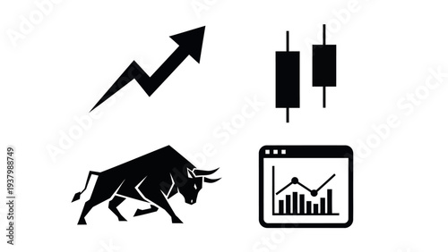 Investment trading symbols including bull silhouette growth arrow and candlestick charts