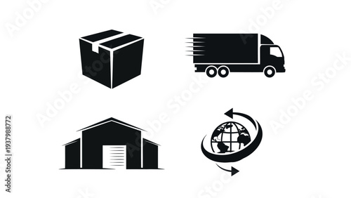 Logistics and shipping icons set with cardboard box delivery truck warehouse and globe map