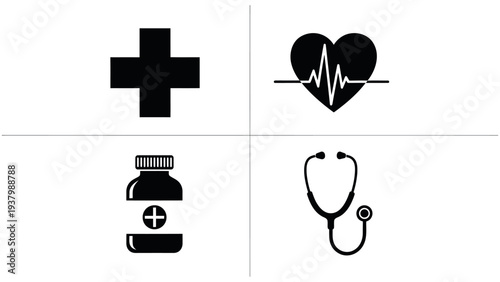 Medical icons set including cross heart beat medicine bottle and stethoscope vector design