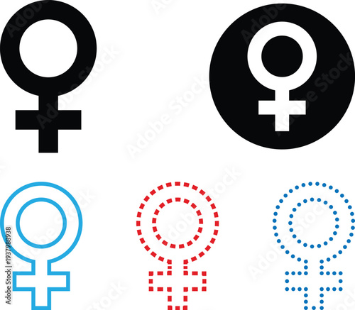 Female Gender Symbol Icons Set Representing Women, Feminism, Equality And Gender Signs In Various Styles