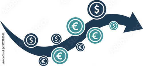 Financial growth arrow with dollar and euro coins for wealth