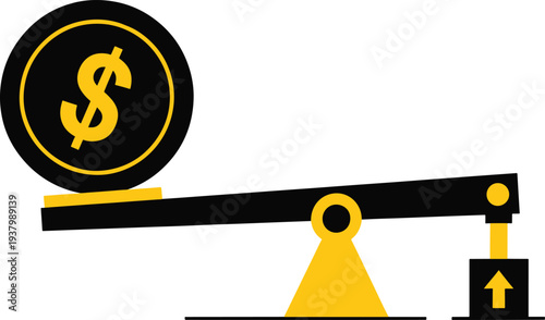 Scale balance with gold coin and dollar sign and weight