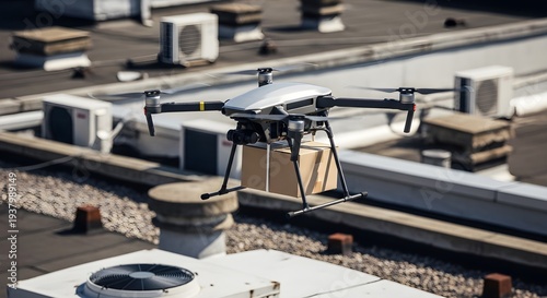Autonomous Delivery Drone Carrying Package Above Urban Rooftop – Modern Logistics Technology Concept in 4K