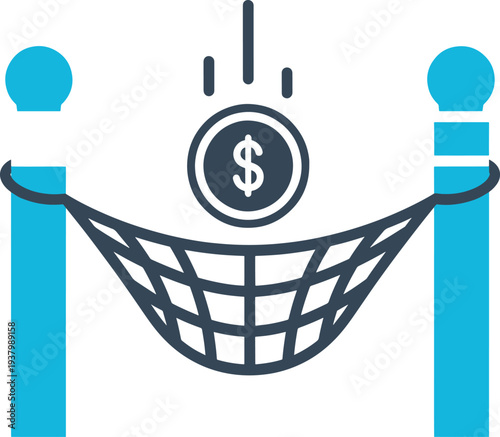 Coin falling into safety net supported by posts financial security