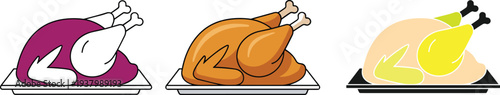 Set of three roasted turkey or chicken illustrations in various colors and styles on platters for Thanksgiving dinner holiday celebration and food menu design (24 words)