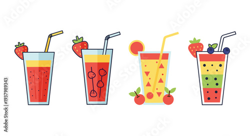 Collection of four colorful fruit juices and smoothies in glasses with straws and garnishes