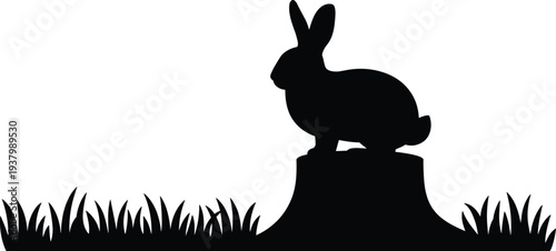 Rabbit silhouette sitting on tree stump in grass wild animal nature scene isolated black flat vector illustration