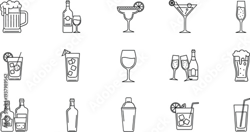 Cocktail Alcohol Drink Icons Set Beer Wine Martini Margarita Mojito Champagne Beer Bottle Shaker Line Art Vector Illustration Collection