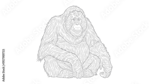 Orangutan Outline: Detailed outline of a seated orangutan, showcasing its hairy body and thoughtful expression, perfect for educational or creative projects.