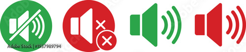 Speaker volume and mute icon set in red and green colors showing sound control symbols isolated on light background for audio interface design