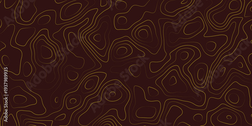 Abstract topographic map pattern yellow lines on dark brown background