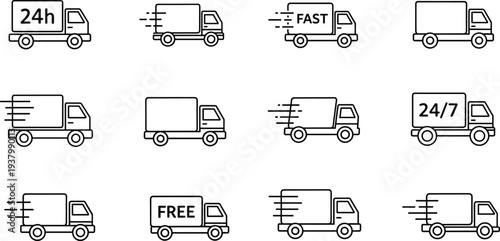 Delivery Truck Icons Set Fast Shipping Express 24h 24/7 Free Rush Speed Motion Line Art Vector Illustration Collection