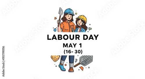 International Labour Day Illustration with Diverse Cartoon Workers and Tools for May 1st Celebration on White Background