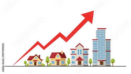 Upward red arrow signifies real estate market growth over a row of property types from small homes to large commercial skyscrapers.