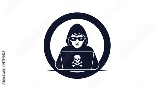 Silhouette of a hooded hacker with a skull icon on a laptop screen represents cyber security threats and criminal online activity.
