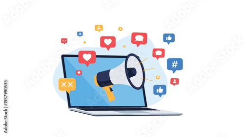 Digital marketing concept features a megaphone emerging from a laptop screen surrounded by social media hearts and notification icons.