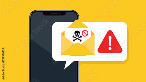 Phishing scam warning on a smartphone screen shows an open email envelope with a skull icon and a red alert sign for cyber security.