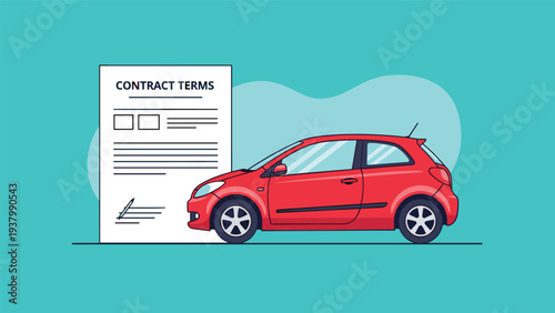 Red compact car is parked next to a contract terms document with a signature line for automotive leasing and rental agreements.