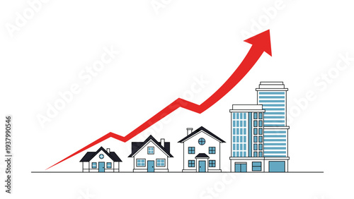 Rising red arrow indicates a housing market boom over a diverse range of residential properties and office buildings in an vector.
