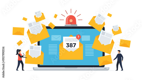 Email spam and phishing alert concept shows a laptop with an alarm siren surrounded by many envelopes and small human figures.