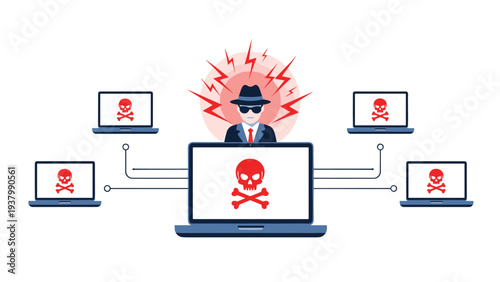 Cyber criminal figure is connected to several laptop screens displaying red skull icons to illustrate a coordinated malware attack.