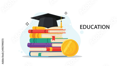 Stack of colorful textbooks with a graduation cap on top and a large gold dollar coin represents the high cost of higher education.