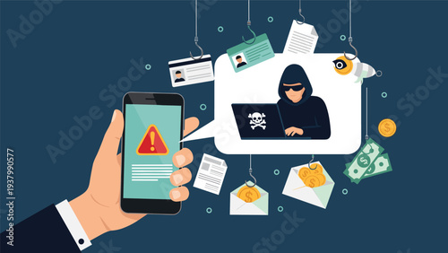 Hand holding a mobile phone with a warning popup shows a hacker fishing for personal data and money through online phishing scams.