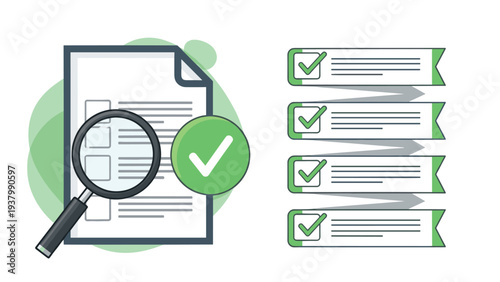 Audit and quality control process illustrated by a document under a magnifying glass with a series of completed steps and checkmarks.
