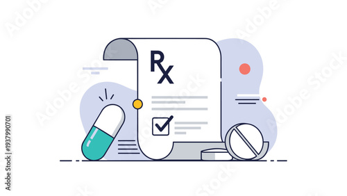 Healthcare pharmacy order concept showing a prescription document with an Rx symbol alongside medicinal capsules and tablets on a light base.